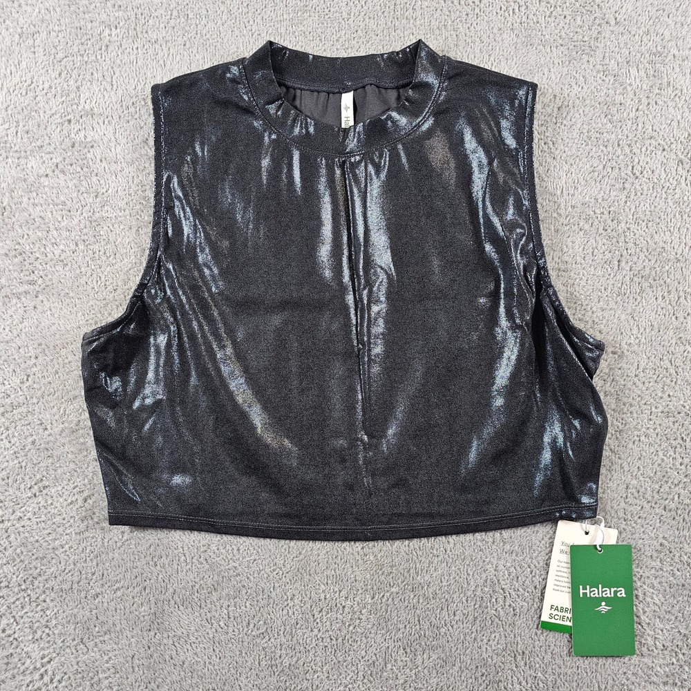 Halara Womens Metallic Shimmer Sleeveless Crop Top Black High Neck L NEW